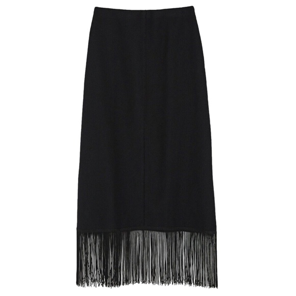 Zara Woman Black Satin Midi Skirt Fringe Tassel Hemline Pockets High Slit Leg - Picture 2 of 15